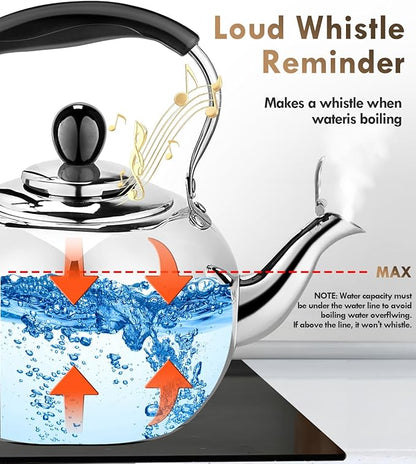 Whistling Tea Kettle Stovetop - 2.3 Quart Round Tea Pot for Stovetop, Silver Mirror Polished Classic Stovetop Kettle, Food Grade Material Teapot for Stove Top