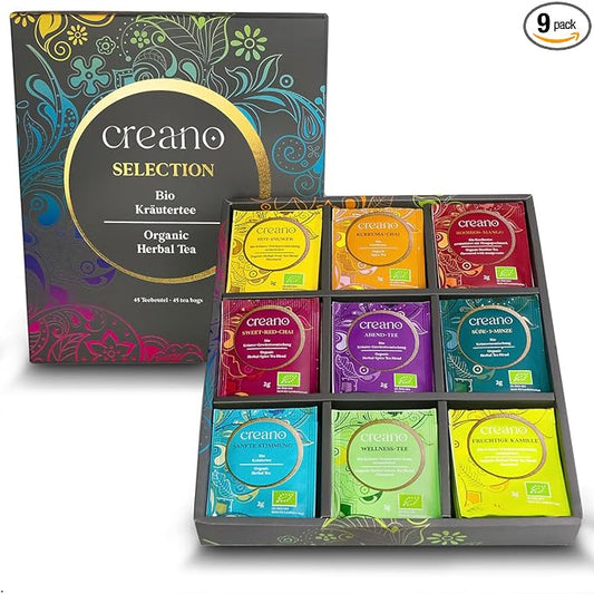 Creano Organic Herbal Tea Gift Set - 45 Organic Tea Bags in 9 Different Varieties - 90 g - Novelty 2023