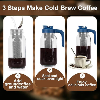 Cold Brew Coffee Maker Pitcher,32 Oz Glass Mason Jar Pitcher with V-shaped Pour Spout Handle Lid,Stainless Steel Filter for Iced Coffee,Iced tea,Breast Milk,Fruit Drinks,lemonade-Blue