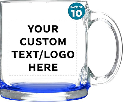 Custom Libbey Clear Glass Coffee Mugs 13 oz. Set of 10, Personalized Bulk Pack - Perfect for Coffee, Tea, Espresso, Hot Cocoa, Other Beverages - Blue Bottom