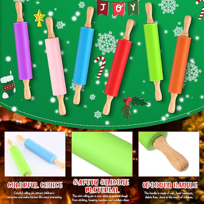 Dandat Small Rolling Pin Kids 12 Inch Mini Silicone Rolling Pin for Baking Non Stick Kids Dough Roller with Wooden Handle for Kitchen Cookie Pastry Fondant Cake 6 Colors(6 Pcs)
