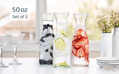 Glass Carafe Pitchers, by Kook, Large Carafe - set of 3, Beverage Dispensers, Clear Jugs For Mimosas, Water, Wine, Milk and Juice, with Plastic Lids, 50 oz Dishwasher Safe