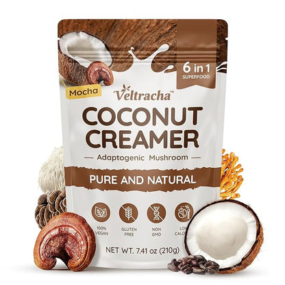 Veltracha Mushroom Coffee Creamer, Superfood Coconut Creamer Powder with 6 Adaptogenic Mushrooms - Reishi, Turkey Tail, Lions Mane, Non-Dairy Coconut Powdered Creamer for Energy & Focus & Digestion, 30 Servings, Mocha