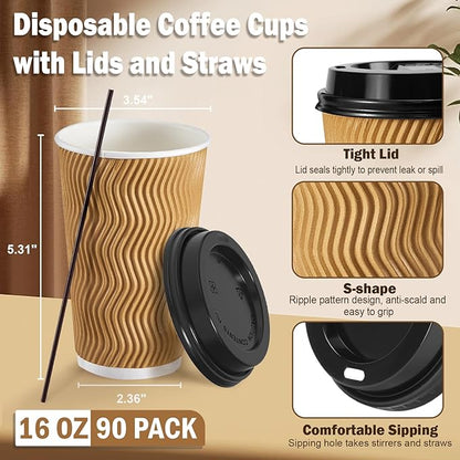 80 Pack 16 OZ Disposable Coffee Cups with Lids and Straws, Insulated Paper Coffee Cups with Lids, Corrugated Ripple Wall To Go Cups for Hot Drink, Coffee, Hot Chocolate, Water, Juice - Champagne