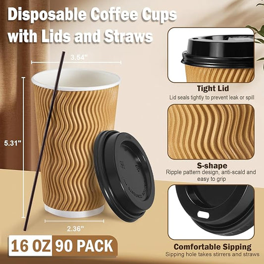 80 Pack 16 OZ Disposable Coffee Cups with Lids and Straws, Insulated Paper Coffee Cups with Lids, Corrugated Ripple Wall To Go Cups for Hot Drink, Coffee, Hot Chocolate, Water, Juice - Champagne