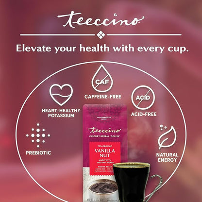 Teeccino Vanilla Nut Chicory Coffee Alternative - 11 Ounce - Ground Herbal Coffee That’s Prebiotic, Caffeine Free & Acid Free, Medium Roast