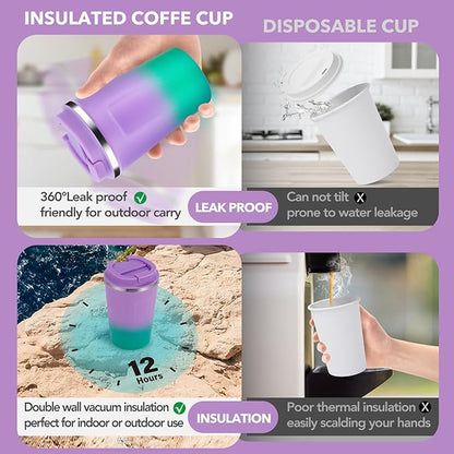 Volhoply 12 oz Double Wall Insulated Vacuum Travel Coffee Mug with Flip Lid Bulk 2 Pack,Reusable Stainless Steel Leak Proof Coffee Cup,Cafe Thermal Tumbler for Cold & Hot Drinks(Purple Green,2 Set)