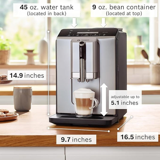 Bosch 300 Series Fully Automatic Espresso and Coffee Machine – In-Cup Frother, OneTouch Milk Drinks, 5 Drink Options, Ceramic Grinder, Easy Clean & Descale, in Silver TIU20307