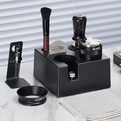 IKAPE 53MM Black Espresso Tool Set 8 IN 1, Coffee Tamper, Distributor, Magnetic Funnel, Puck Screen, Tamper Station, Stirrer Distribution Tool, Cleaning Towel and Brush