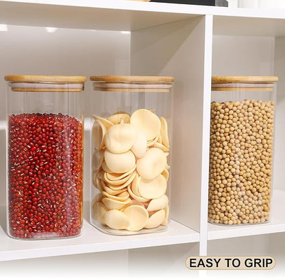Glass Food Storage Jars with Lids(50oz)Square Set of 3 ,Glass Storage Containers Clear Glass Food Canister with Bamboo Lid Airtight For Serving Tea, Coffee Beans, Flour,Cookie, Cereal,Spice and More