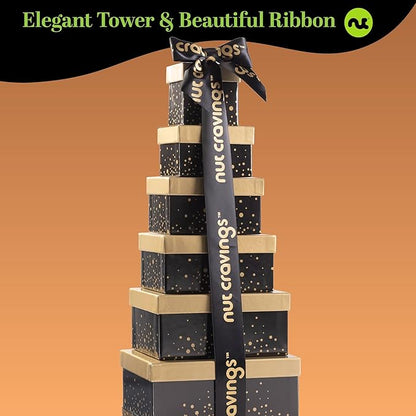 NUT CRAVINGS Gourmet Collection - Christmas Treats Tower Dried Fruit & Nuts Gift Basket with Happy Holiday Ribbon (12 Assortments) Food Arrangement, Healthy Snack Care Package, Food Assortments