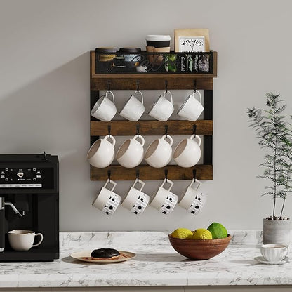 YINMIT Coffee Mug Holder with 12 Hooks, Coffee Cup Holder Wall Mounted with Top Shelf, Mug Organizer for Home Kitchen, Brown