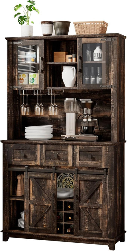 72" Coffee Bar Cabinet with Sliding Barn Door & LED Lights, Sideboard Buffet Cabinet with Wine Bottle Rack, 3 Drawers, Storage Cabinet for Kitchen, Dining Room, Dark Rustic Oak, DBC20B