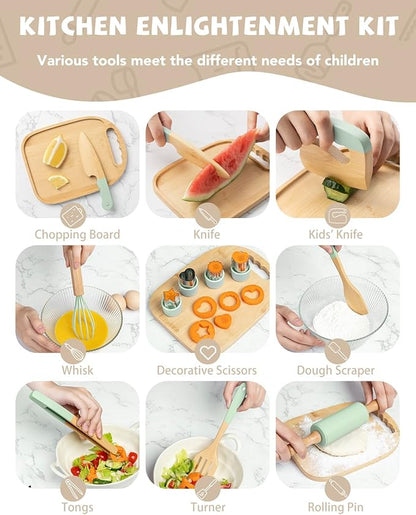Wooden Kids Cooking Set Montessori Kit - Real Toddler Kitchen Tools & Baking Utensils - 15PCS Cooking Kit for Kids with Storage Bag, Great Gift for Pretend Play & Montessori Learning (Green)