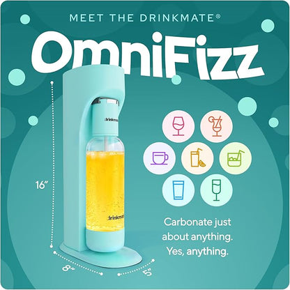 Drinkmate OmniFizz Sparkling Beverage Maker CO2 Bundle - Sparkling Water/Soda Streaming Machine That Carbonates Any Drink - Includes 1 CO2 Cylinder, 1 Carbonation Bottle, 1 Fizz Infuser - Arctic Blue