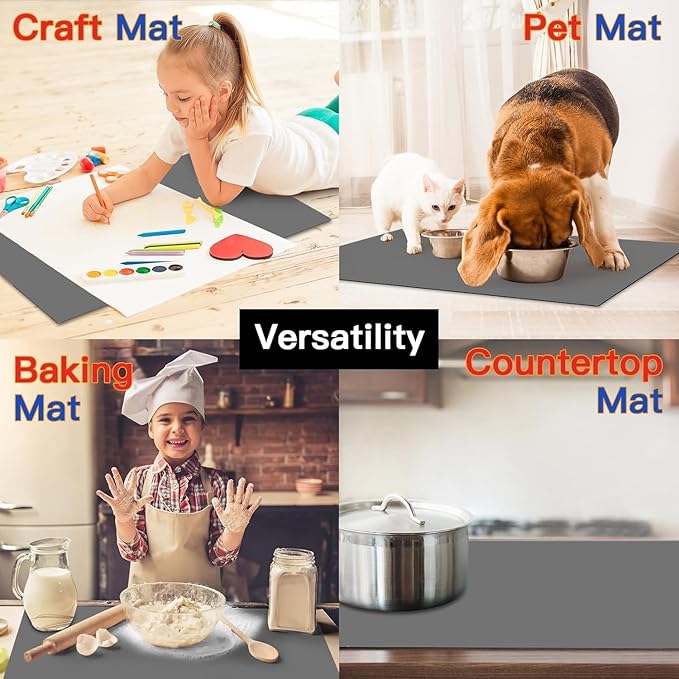 2MM Thick Silicone Countertop Mat, 23.6"x 23.6" Silicone Mats for Kitchen Counter, Nonslip Heat Resistant Mat, Large Kitchen Counter Mats, Waterproof Countertop Protector, Dark Gray