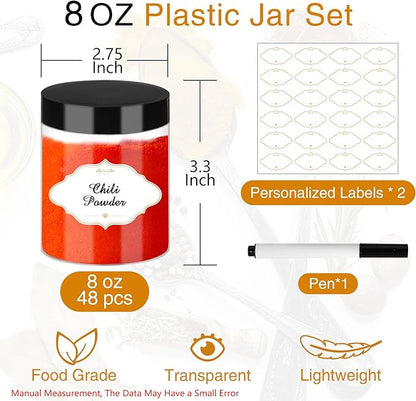 8 OZ Plastic Jars with Lids, Slime Containers with Lids 48 Pcs Airtight Round Plastic Storage Jars Wide-Mouth Containers for Slime, Kitchen and Household Food Storage of Dry Goods