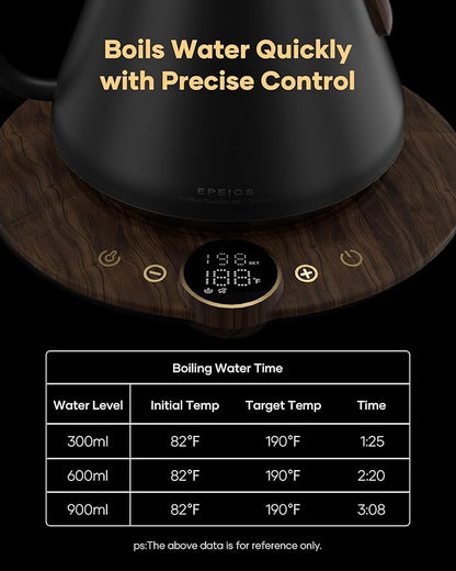 Cocinare FLOW B9 Gooseneck Electric Kettle, Precise Temperature Control for Pour-Over Coffee & Tea Brewing, Stainless Steel Interior, Rapid Heating for Boiling Water 1500W/0.9L (Black Wooden)