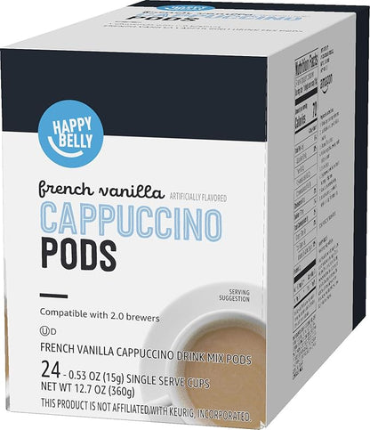 Amazon Brand - Happy Belly Cappuccino Coffee Pods Light Roast Compatible with 2.0 K-Cup Brewers, French Vanilla Flavored, 24 Count, 1.5 pound (Pack of 1)