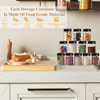 Plastic Jars with Lids Empty Slime Cosmetics Containers Clear Gift Food Jars Round PET Cream Jar with Black Lids Pen Labels for Kitchen Storage Spices Dry Food Body Butter Making(8OZ 32PCS)