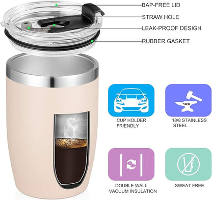 VEGOND Stainless Steel 12 oz Tumblers bulk Vacuum Insulated Double Wall Travel Tumbler with Lid and Straw Reusable Tumbler, Beige 1 Pack