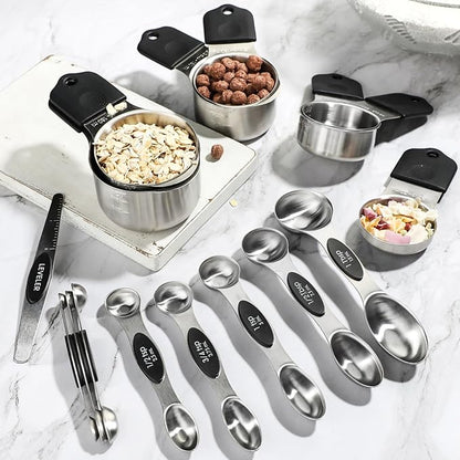 Magnetic Measuring Cups and Spoons Set Including 7 Stainless Steel Measuring Cups 8 Double Sided Magnetic Measuring Spoons Set with 1 Leveler Kitchen Tools for Cooking Baking (Black)