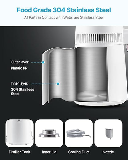 VEVOR Water Distiller, 6L/1.6 Gallon Larger Distilled Machine, 900W Distilling Water Maker, 0-99H Timing Set, Time & Temp Display, 304 Stainless Steel Interior Stiller with Plastic Carafe, White
