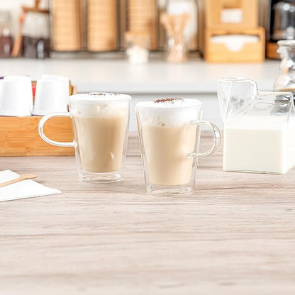 Restaurantware-Forma Professional 5.1 oz Double Wall Glass Mugs, 12 Insulated Coffee Mugs With Handle - Dishwashable, Reusable, Clear Glass Beverage Cups, Freezable, For Hot Or Cold Beverages