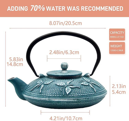 Cast Iron Teapot,SECHUDO Tea Kettle Coated with Enameled Interior for Loose Tea,Cast Iron Teapot with Stainless Steel Infuser for Stovetop Safe (27.1oz Flat Butterfly Pattern)