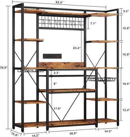 IRONCK Large Bakers Rack with Power Outlet, 62 Inch Wide Microwave Stand, Coffee Bar with Storage, Kitchen Racks and Shelves