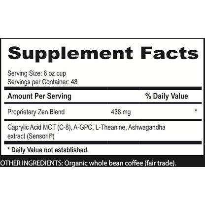 Brain Bean Zen-Blend Organic Coffee Whole Bean with Caprylic Acid MCT (C-8), A-GPC, L-Theanine & Ashwagandha Extract - Premium Grade Organic Coffee Beans for Focus & Calm Support (16 Oz)
