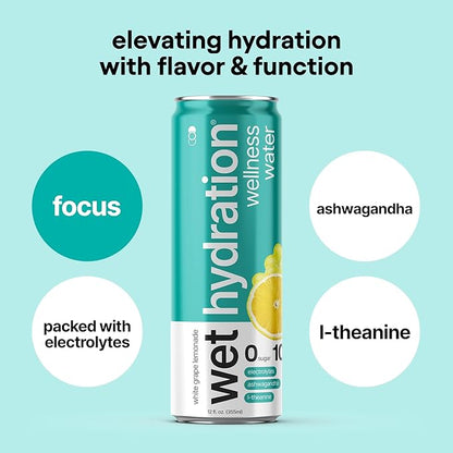 Wet Hydration Wellness Water | Electrolyte Drink with Ashwagandha & L-Theanine – White Grape Lemonade (12oz Cans, Pack of 12) | Zero Sugar, 10 Calories, Zero Bubbles, Functional Hydration