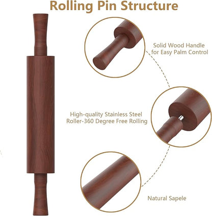Classic Wooden Rolling Pin with Handle and Pastry Mat for Fondant, Pizza, Pies, Cookies,Rolling Pin for Baking with 3 Multi-Color Thickness Rings,17" x 2.5" (Include handle)