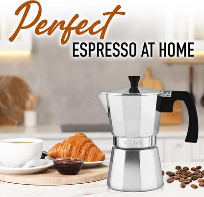 Zulay Moka Pot Espresso Stovetop Coffee Maker - Leak-Proof, aluminum, Easy to Clean, Heat Resistant Handle & Knob - for Authentic Cuban & Italian Style Espresso - Makes 6 Espresso Cups - Silver