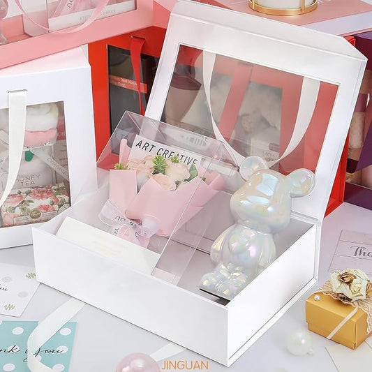 White Gift Box with Window, Clear Magnetic Gift Box with Handle for Present, Bridesmaid Proposal Box (10.5x7.5x3 Inches