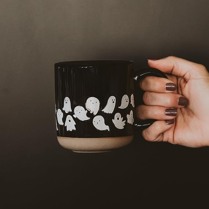 Sweet Water Decor White Ghosts Black Halloween Mugs - Halloween Coffee Mug Dishwasher & Microwave Safe - Fall Mug for Coffee & Hot Cocoa or Seasonal Brew - Black Stoneware Ghost Mugs