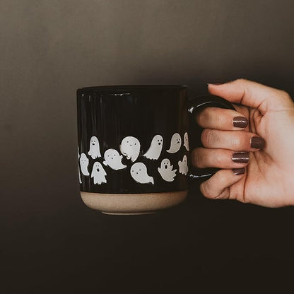 Sweet Water Decor White Ghosts Black Halloween Mugs - Halloween Coffee Mug Dishwasher & Microwave Safe - Fall Mug for Coffee & Hot Cocoa or Seasonal Brew - Black Stoneware Ghost Mugs