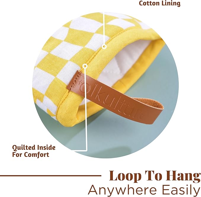 Folkulture Mini Oven Mitts or Short Oven Mitts | (5.75 x 9) Set of 2 Cotton Yellow Oven Mits Heat Resistant for Kitchen Decor | Yellow Check Kitchen Mittens or Oven Mitt with Hanging Loop