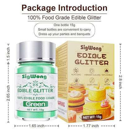 Green Edible Glitter - 15g Food Grade Luster Dust Powder, Cake Decorating Sprinkle Glimmery Dust for Drinks, Wine, Fondant, Chocolate, Candy, Cookie, Vegan