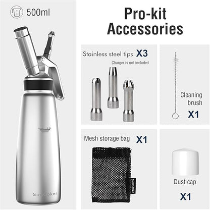 Whipped Cream Dispenser,Aluminum 500ml Whipped Cream Maker,3 Decorating Nozzles,1 Brush,1 Storage Bag,withou N2O Chargers,Sliver