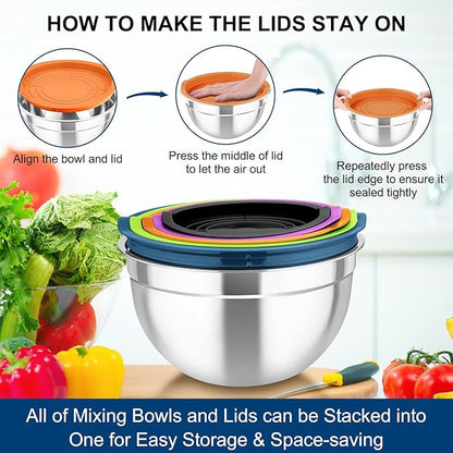 TeamFar Mixing Bowls with Lids, 5PCS Stainless Steel Metal Salad Bowl with 3 Grater Attachments, for Cooking, Prepping, Serving, Healthy, Airtight Lids & Easy Clean - 0.7/1 / 1.5/2.6/4.6QT