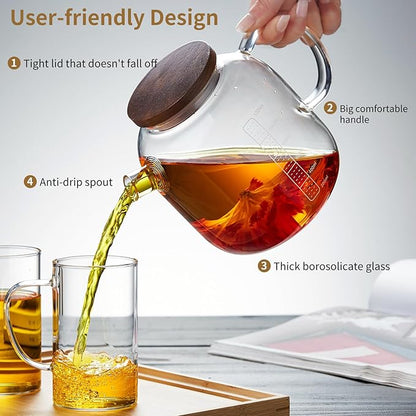 Glass Pitcher with Lid and Spout, 40OZ Glass Water Jug, Glass Carafe for Hot/Cold Water, 1200ml Glass Water Pitcher for Fridge, Glass Teapot, Large Iced Tea Pitcher for Homemade Beverage