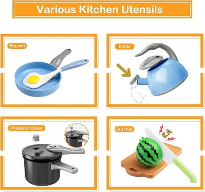 130Pcs Kitchen Playset, Toddler Pretend Cooking Play Pots, Pans, Utensils Cookware, Daily Food Fruit Veges, Shopping Storage Basket, Dessert, Prop Money, Learning Gift for Child (Blue)