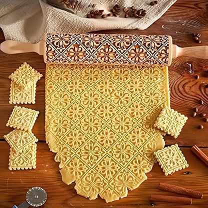 Christmas Wooden Rolling Pin for Baking,Engraved Embossing Rolling Pin Cookie Stamps Roller Square Grid Cookies Mold Kitchen Decor Tools for Kids Adults(Flower Window)