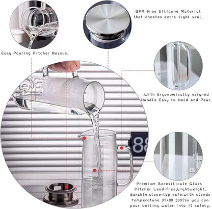 hjn Glass Pitcher with Lid Glass Water Carafe with Handle, Fridge Water Jug Cold or Hot Beverages, Iced Tea, Milk, Juice 1500ml/51oz & aluminum lid