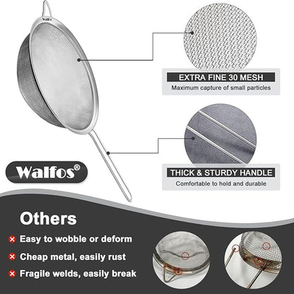 Walfos Fine Mesh Strainer Set of 3, Stainless Steel Wire Strainers for Kitchen, Multipurpose Metal Fine Sieve with Handle, Perfect for Food, Rice, Quinoa, 3", 5", 7"