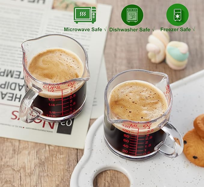 Shot Glass Measuring Cup 4 Ounce/120ML Liquid Heavy High Espresso Glass Cup with Handle,Double Spouts(Pack of 2)