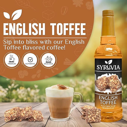 Syruvia Coffee Syrup, English Toffee Flavored Syrup for Drinks, Lattes, and Desserts – 25.4 fl oz, With Pump