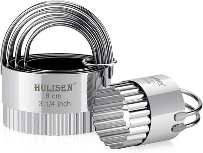 HULISEN Biscuit Cutter Set (5 Pieces/Set), Stainless Steel Round Biscuit Cutters with Handle, Wave Cookies Cutter with Fluted Edge, Professional Baking Dough Tools, Gift Package (Wave)