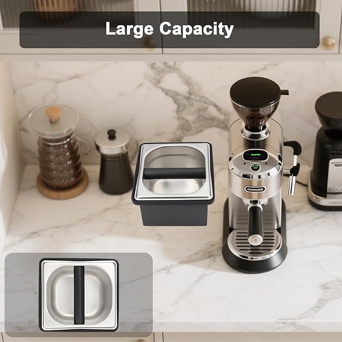 Espresso Knock Box, Coffee Knock Box for Espresso Grounds Disposal, Large Capacity, Equipped with Noise, Reduction Rubber Ring & Steel Holder, Ideal Tool for Espresso Machines, Black (Small)